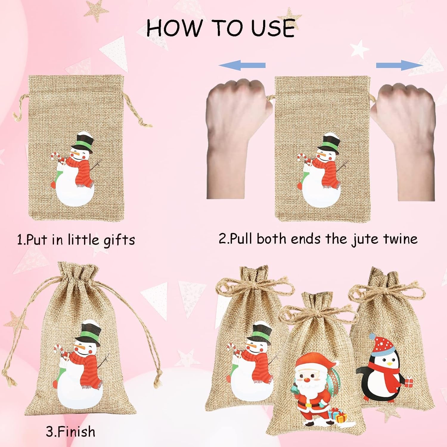 24Pcs Christmas Jute Burlap Bags, Xmas Jute Linen Burlap Drawstring Gift Candy Pouch Snack Sack Craft Goodie Bags for Kids Xmas Party Favors
