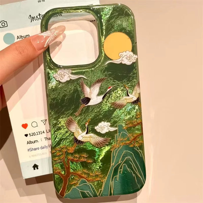 Vortex Pattern High Mountain Auspicious Cloud Crane Phone Case with Ancient Fan Tassel for Iphone 11 12 13 14 15 16 Pro Max