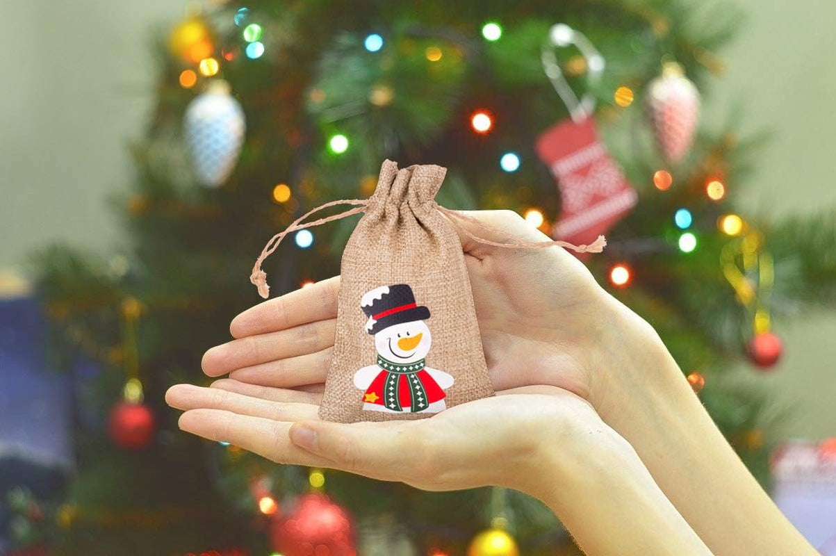 12 Pieces Line Jute Drawstring Gift Bag Christmas Party Burlap Bag Candy Pouch Snack Sack for Kids Xmas Party Favors