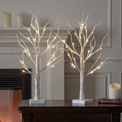 Set of 2- White Christmas Tree with Lights 2FT Tabletop Birch Tree with 24 Warm White Leds Battery Operated Light up Twig Tree for Home Party Wedding Easter Christmas Decoration