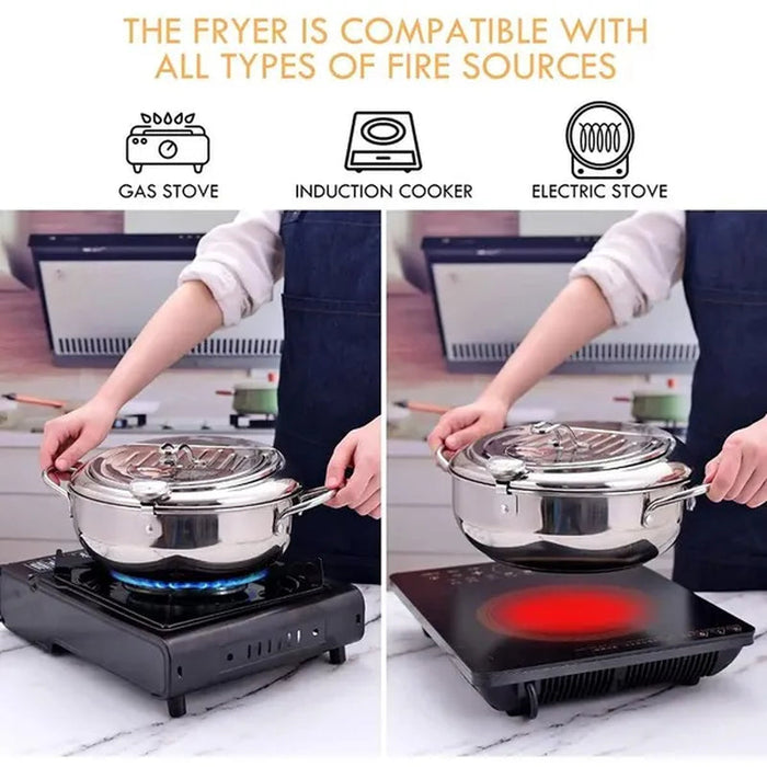 Japanese Style Deep Fryer Stainless Steel with Thermometer and Basket and Lid Kitchen Tempura Fry Pan Deep Fry Kitchenware