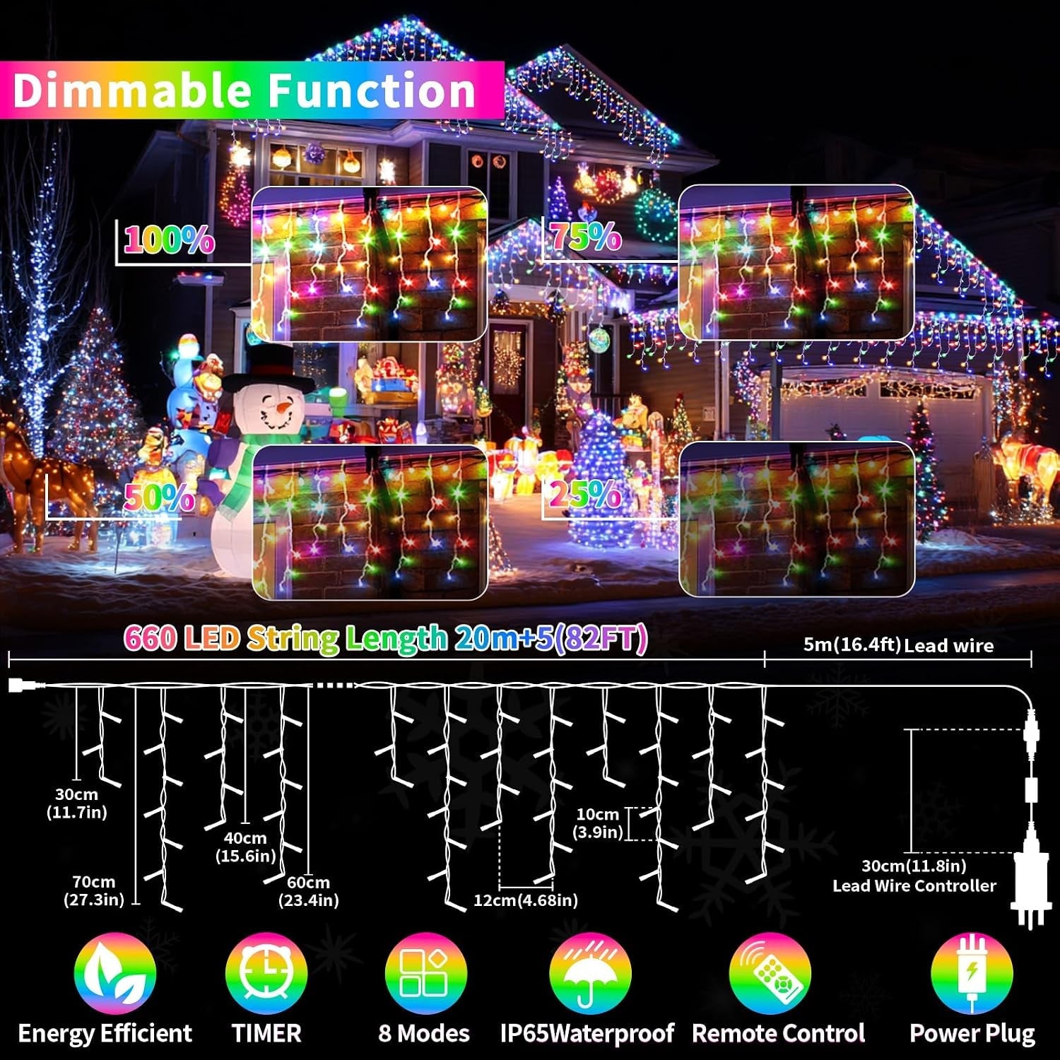 3 In1 Icicle Outdoor Christmas Lights, 20+5M/82Ft 660 LED Outdoor Fairy Light Plug In, Waterproof String Lights with 8 Modes and Dimmable for Porch, Deck, Garden, Backyard, Balcony Decorations