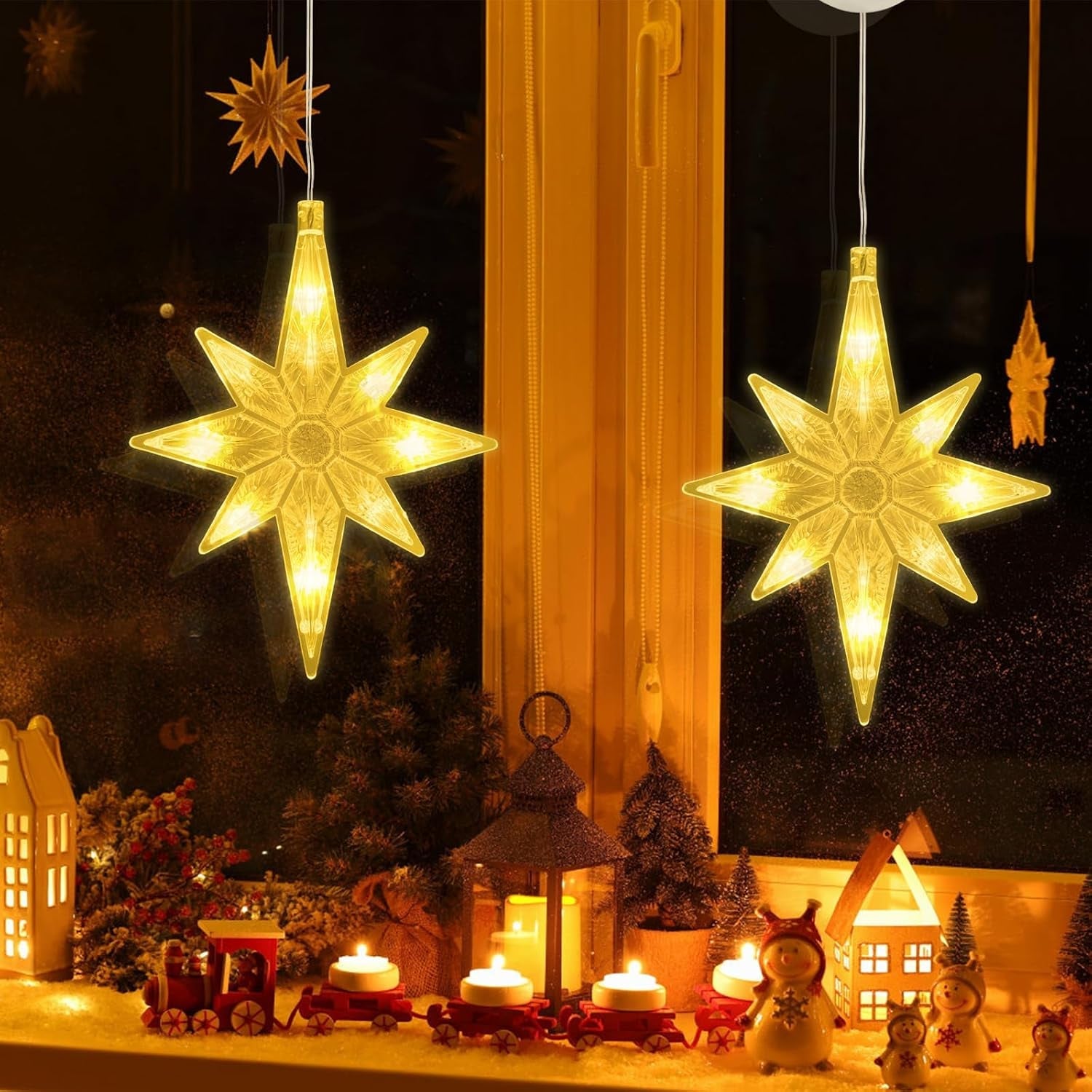 2 Pack LED Star Christmas Lights, Window Star Lights with Timer & Suction Cups, Indoor Outdoor Star Window Lights for Christmas Decorations, Weddings & Home Décor