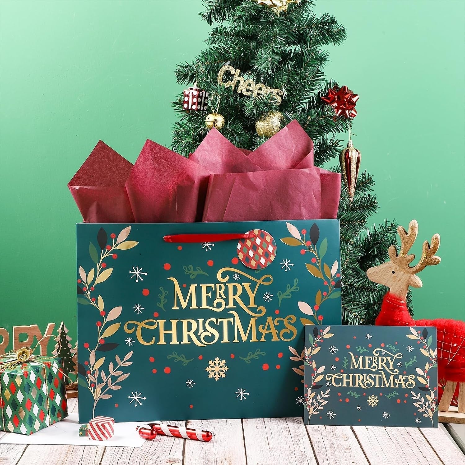 4Pcs Large Christmas Bags Gift Bags with Greeting Card, 40CM X 30CM X 15CM Kraft Paper Bag Christmas Theme Goody Bag with Gift Tag and Tissue Paper for Holiday Xmas Gift Packaging