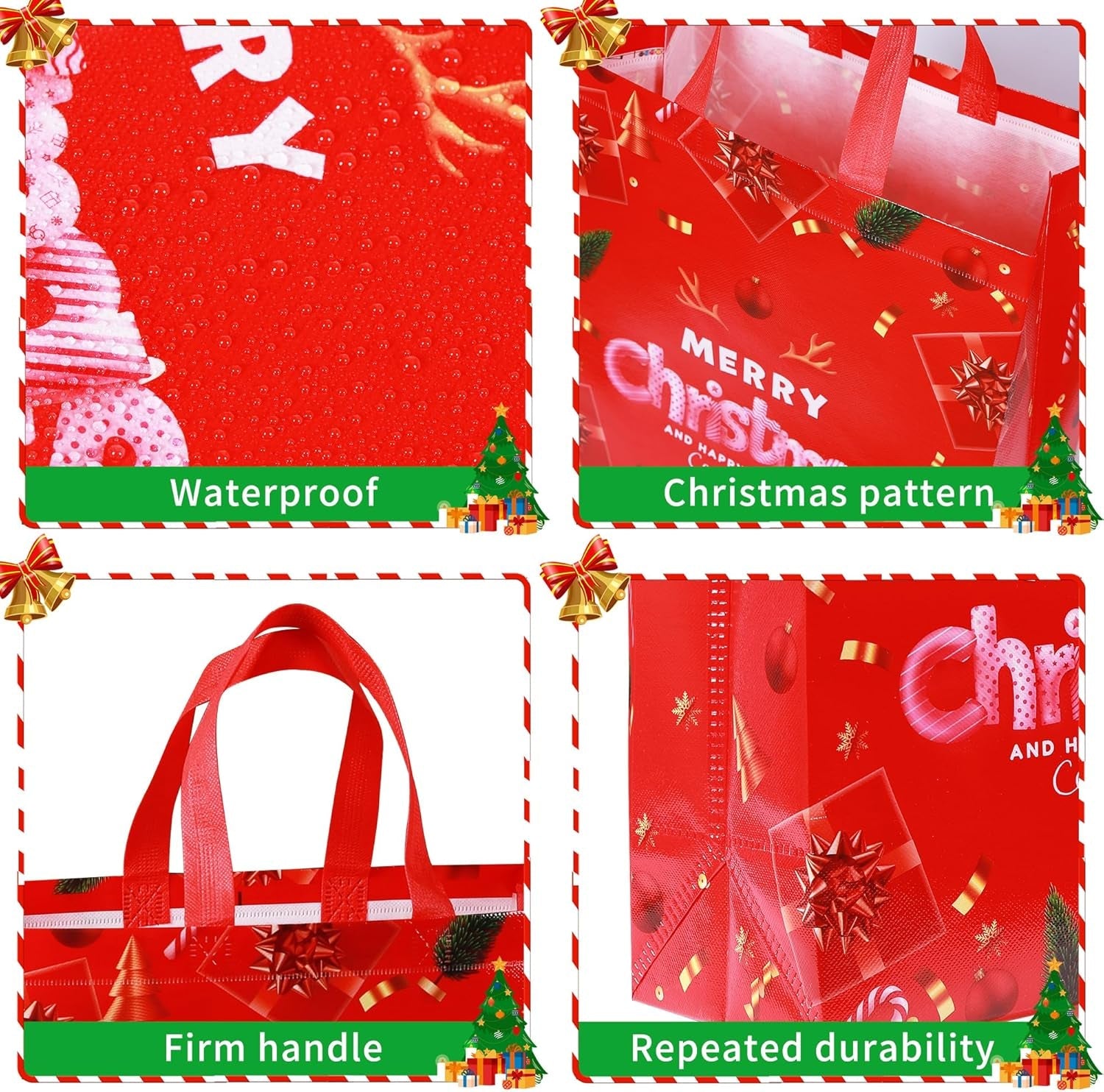 8PCS Large Christmas Tote Bags, Reusable Xmas Tote Bags Waterproof Christmas Presents Bags, Multifunctional Non-Woven Christ-Mas Bags for Xmas Gift Wrapping Shopping Party Supplies