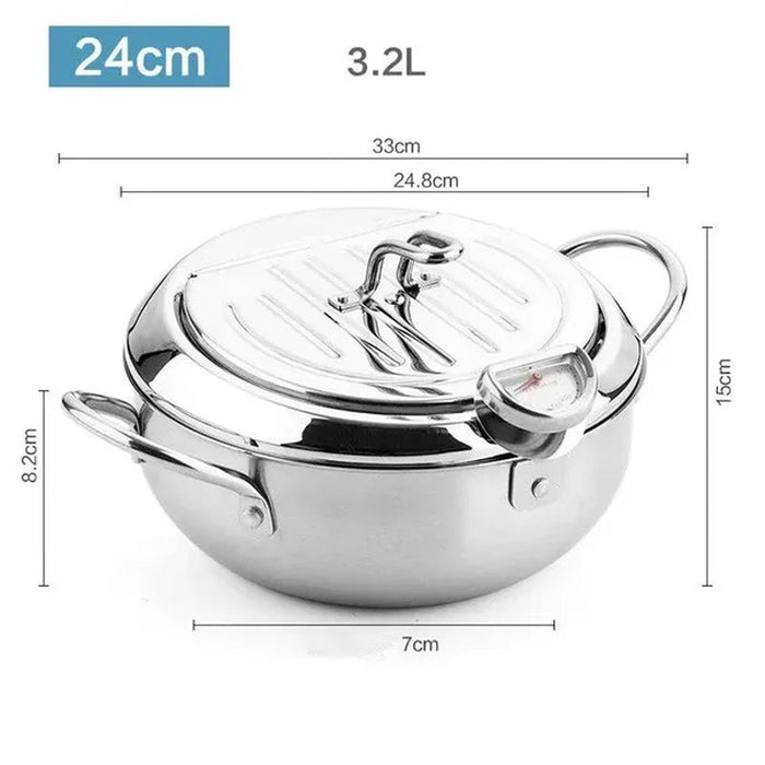 Japanese Style Deep Fryer Stainless Steel with Thermometer and Basket and Lid Kitchen Tempura Fry Pan Deep Fry Kitchenware