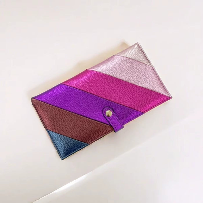 Women'S Fashion Elegant PU Leather Long Wallet Colorful Stripe Stitching Zipper Pocket Card Holder, Bifold