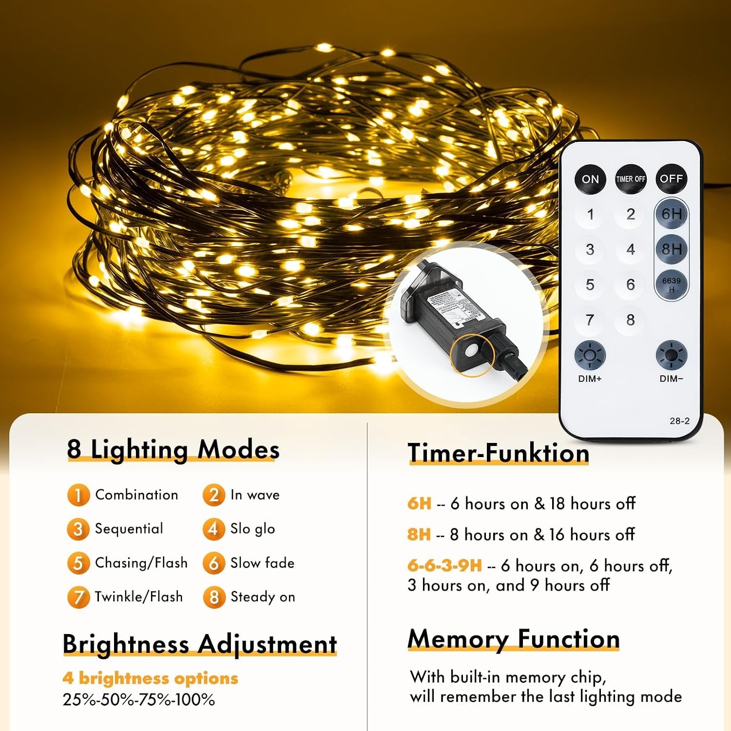Christmas Tree Lights, 2M 12 Strands 300 LED Christmas Lights Indoor Outdoor with Remote/8 Modes/Timer/Dimmable, IP65 Waterproof Warm White Fairy String Lights for Xmas Tree Decor