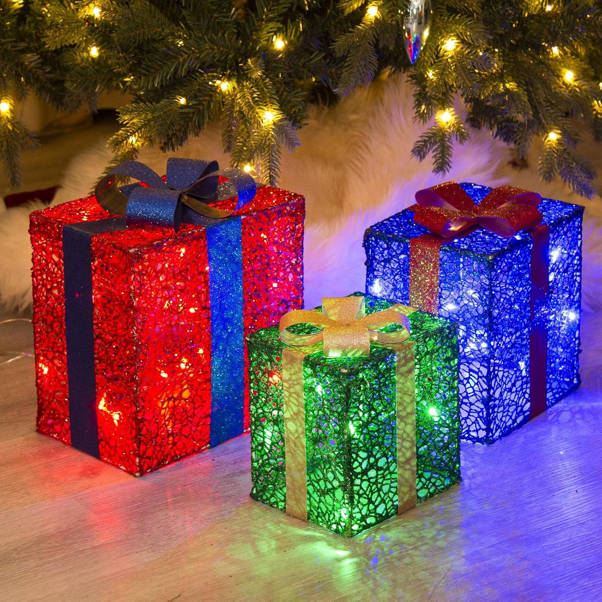 3PK Light up Boxes Multi-Colour LED Gift Box with Lights Plug in for Outdoor Christmas Decorations Gifts for Girls Kids Beloved
