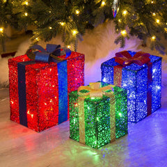 3PK Light up Boxes Multi-Colour LED Gift Box with Lights Plug in for Outdoor Christmas Decorations Gifts for Girls Kids Beloved