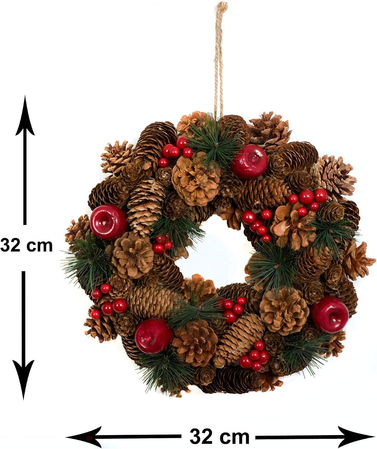 Christmas Hanging Wreath 32Cm- Festive Pine Cone Display with Red Berries, D1224