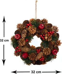 Christmas Hanging Wreath 32Cm- Festive Pine Cone Display with Red Berries, D1224
