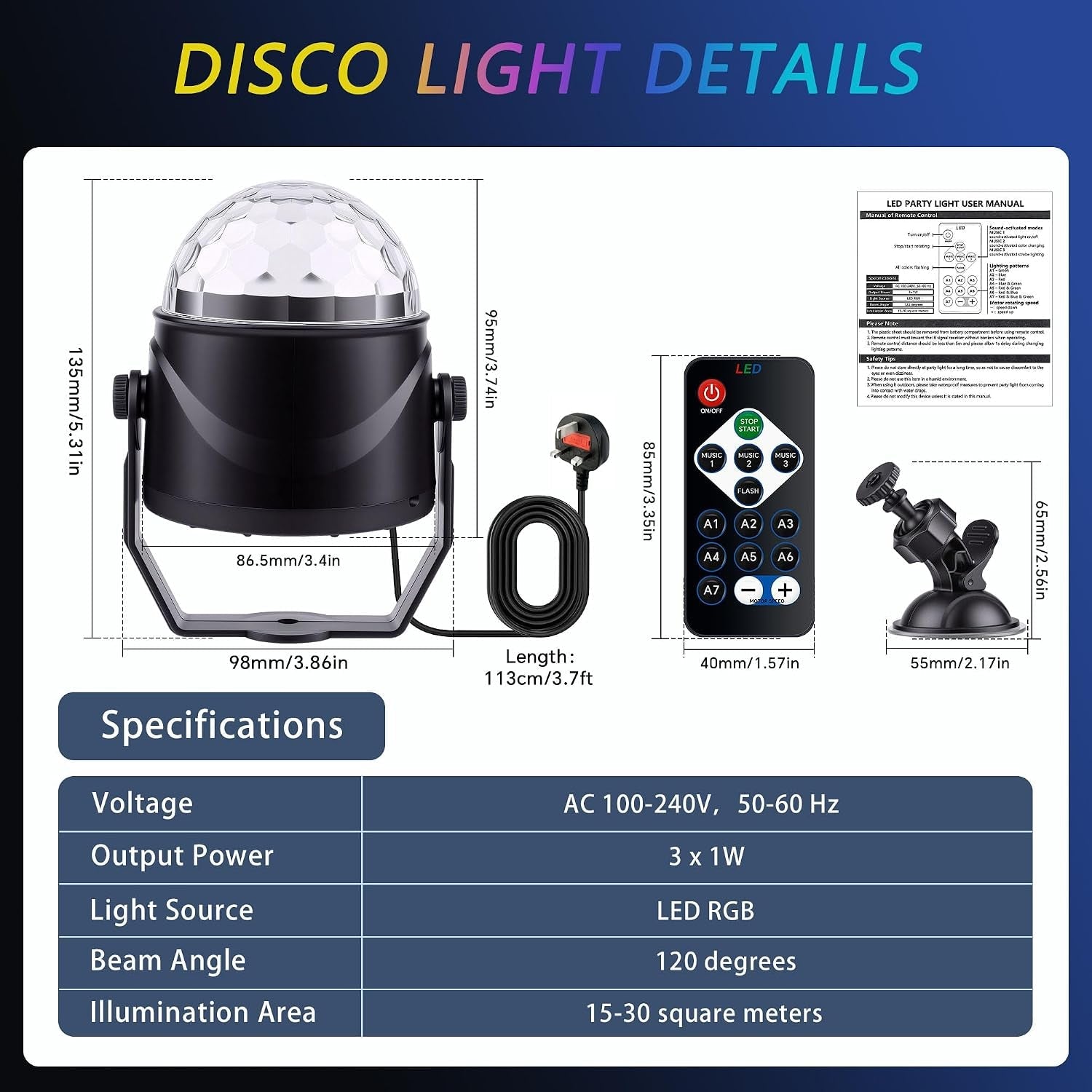 Disco Lights, Party Lights, 360°Rotation Sound Activated, LED Mini Disco Balls with Remote Control, 3W RGB, Portable Strobe Light for Birthday, Family, KTV, Halloween Christmas Decorations, 2 Packs