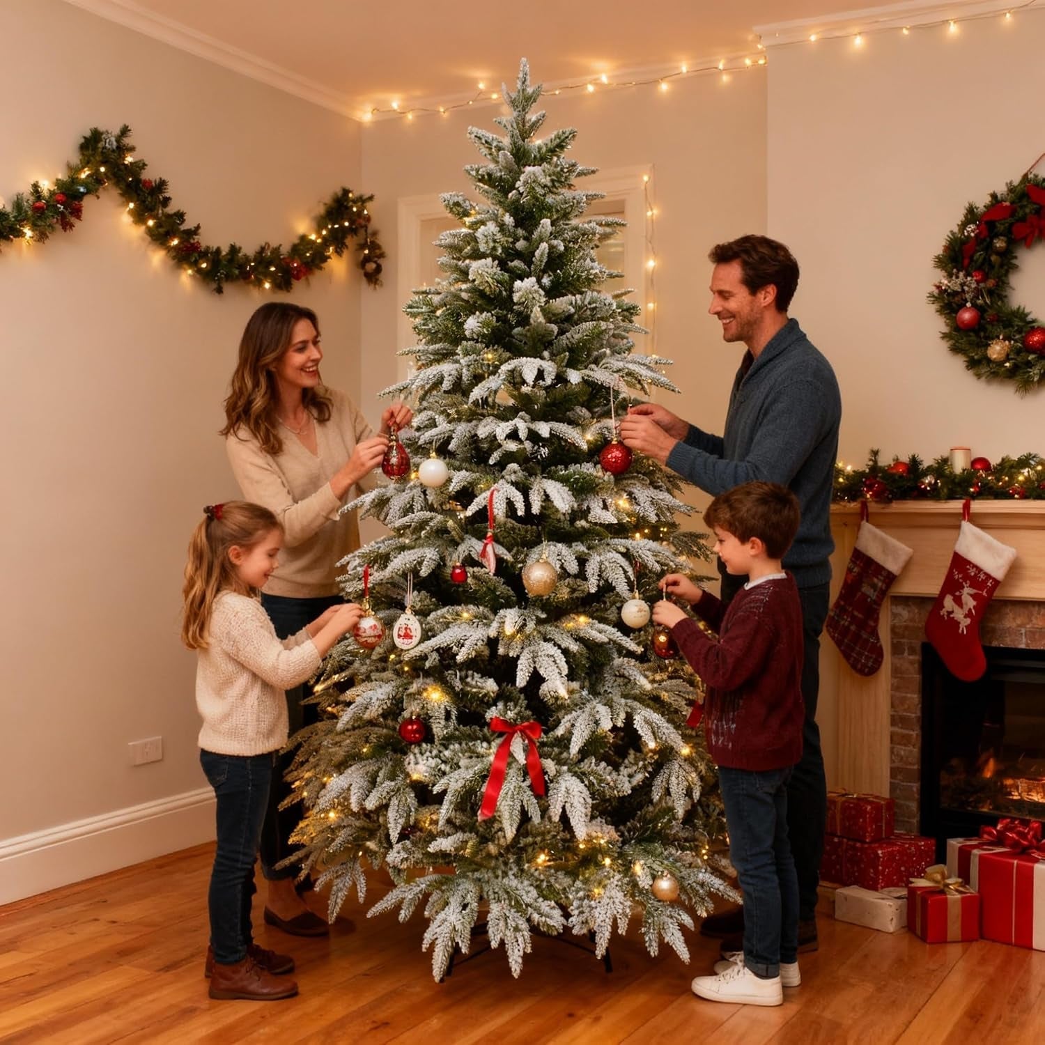 7Ft/2.1M Pre-Lit Artificial Christmas Tree Lapland Fir - 320 LED Warm White Lights, Snow Flocked 1205 PE/PVC Tips, Snowy Bushy Hinged Branches, Metal Stand for Xmas Home Decorations