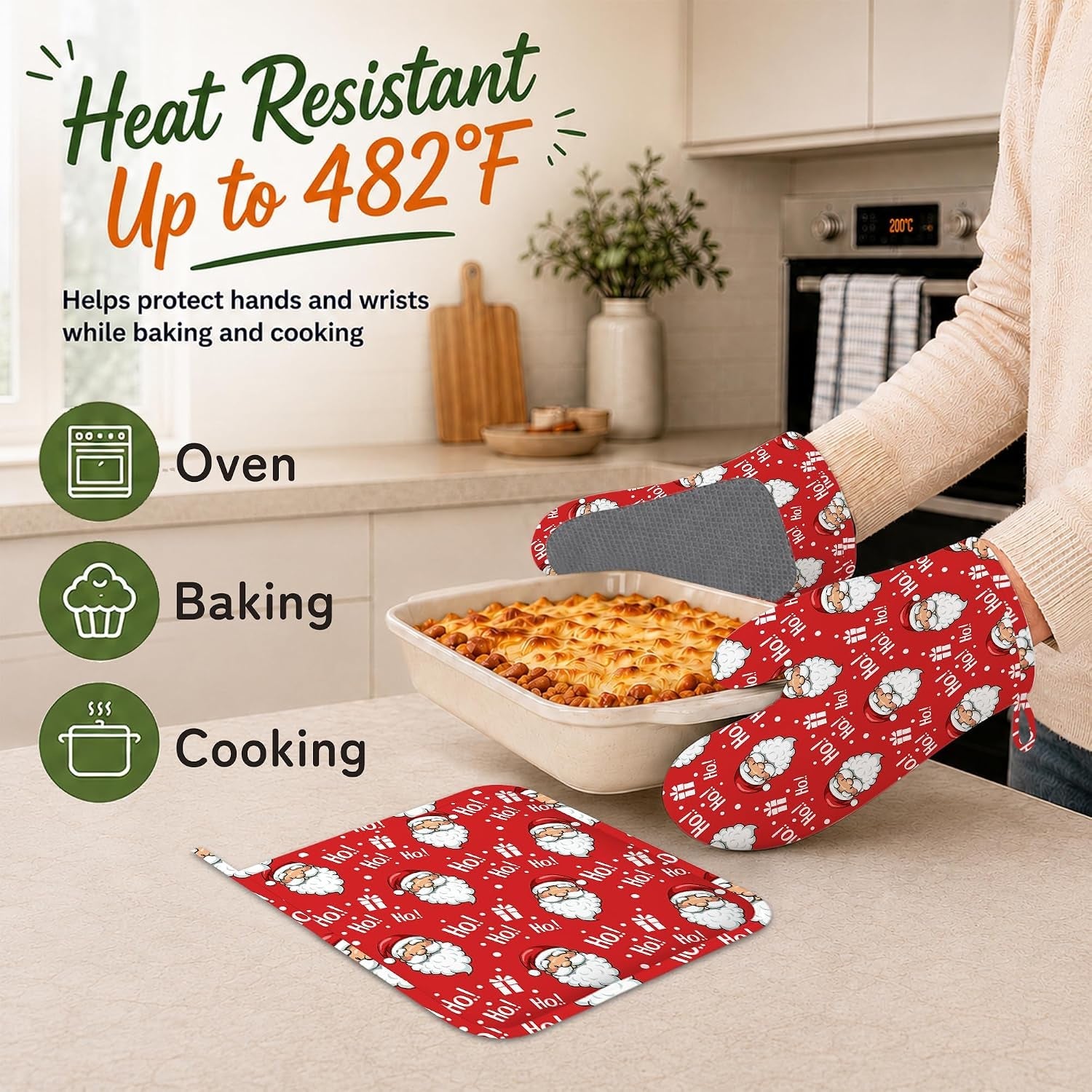 Santa Claus Oven Gloves Heat Resistant,Christmas Oven Mitts and Pot Holder Kitchen Non-Slip Silicone Cooking Microwave Gloves for Cooking Baking Grilling