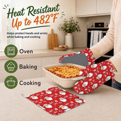 Santa Claus Oven Gloves Heat Resistant,Christmas Oven Mitts and Pot Holder Kitchen Non-Slip Silicone Cooking Microwave Gloves for Cooking Baking Grilling