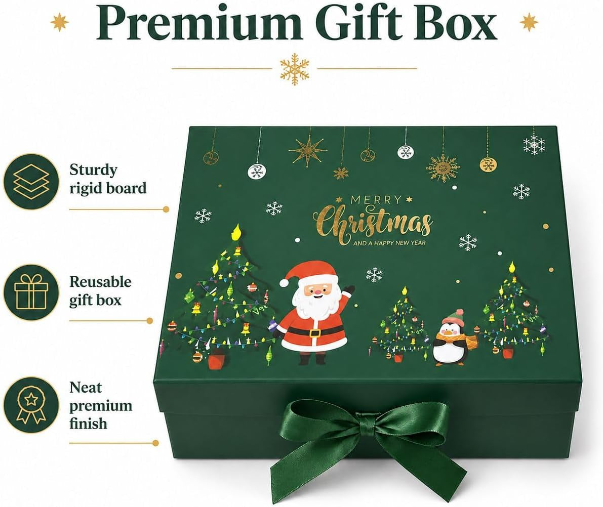 Luxury Magnetic Gift Box with Attached Lid & Ribbon – Foldable Reusable Holiday Packaging with Festive Designs (Green Santa Scene (Santa & Snowman with Christmas Tree), Medium)