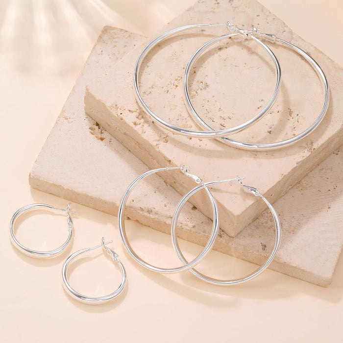 Silver Hoops Earrings for Women Hypoallergenic Large Sterling Silver Hoop Earrings Big 925 Silver Hoop Earrings 5Mm Width Lightweight Silver Earrings for Women Girls 30/50/70Mm