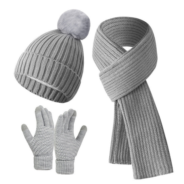 Solid Color Woven Hat Scarf And Gloves Warm Set
