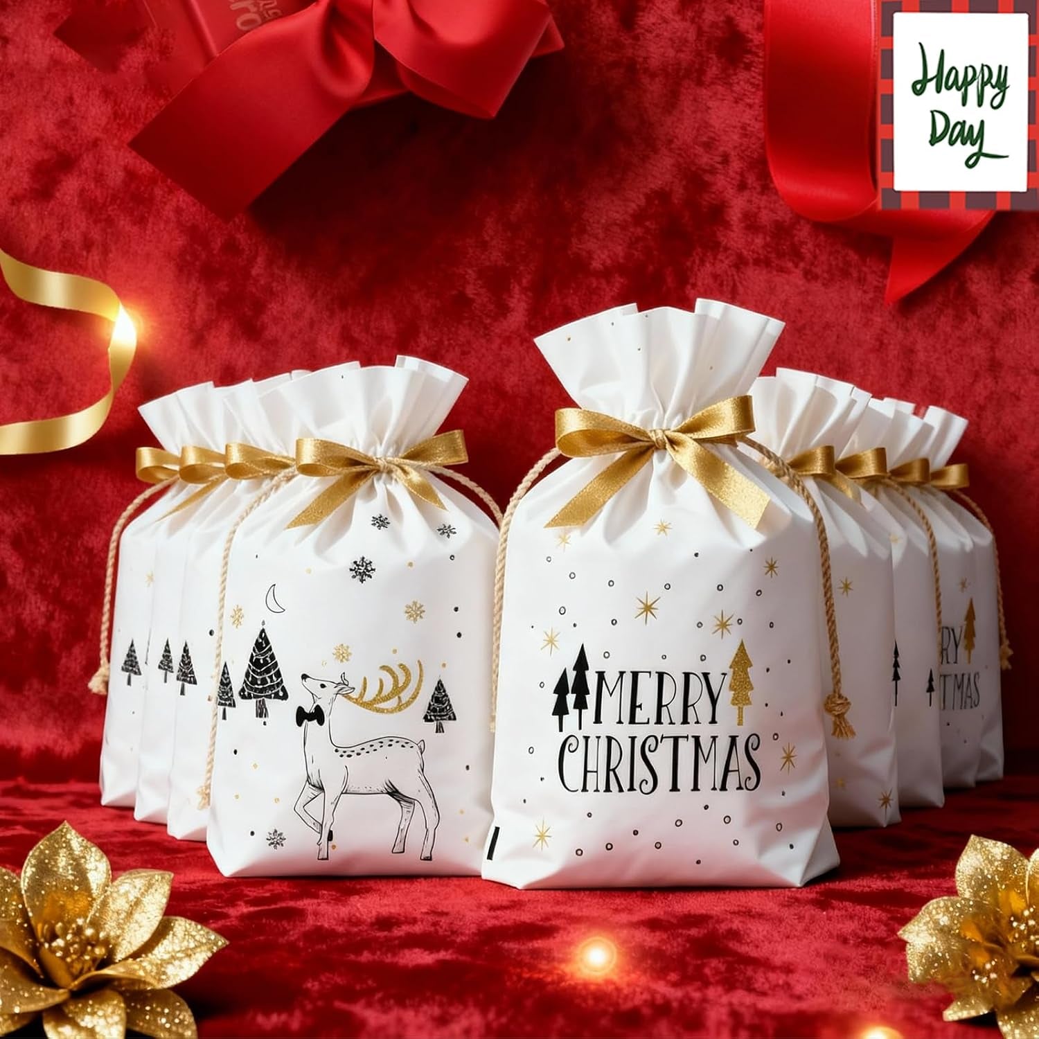 50 PCS Small Christmas Bags with Drawstring, Reusable Xmas Drawstring Gift Packaging Bags for Sweets, Cookies, and Treats, for Christmas, Parties, and Gift Wrapping Biscuits and Chocolates