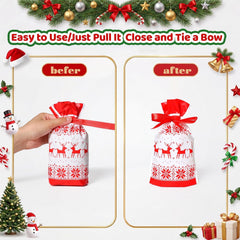 Small Christmas Drawstring Gift Bags for Kids Set – 50 Pack Xmas Drawstring Gift Bags (15X23+3Cm) – 5 Festive Designs – Christmas Gift Bags for Sweet Presents, Party Favors & Wrapping