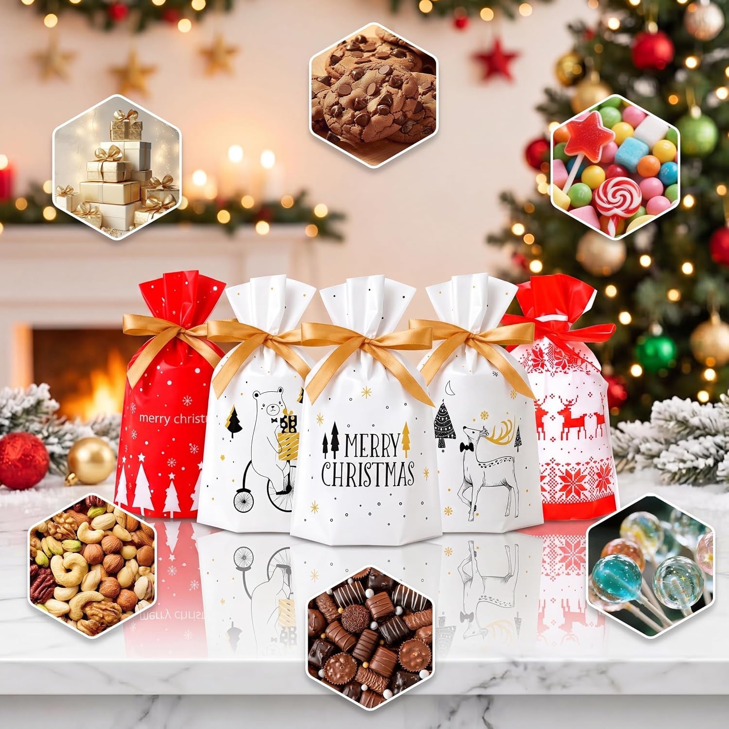 Small Christmas Drawstring Gift Bags for Kids Set – 50 Pack Xmas Drawstring Gift Bags (15X23+3Cm) – 5 Festive Designs – Christmas Gift Bags for Sweet Presents, Party Favors & Wrapping