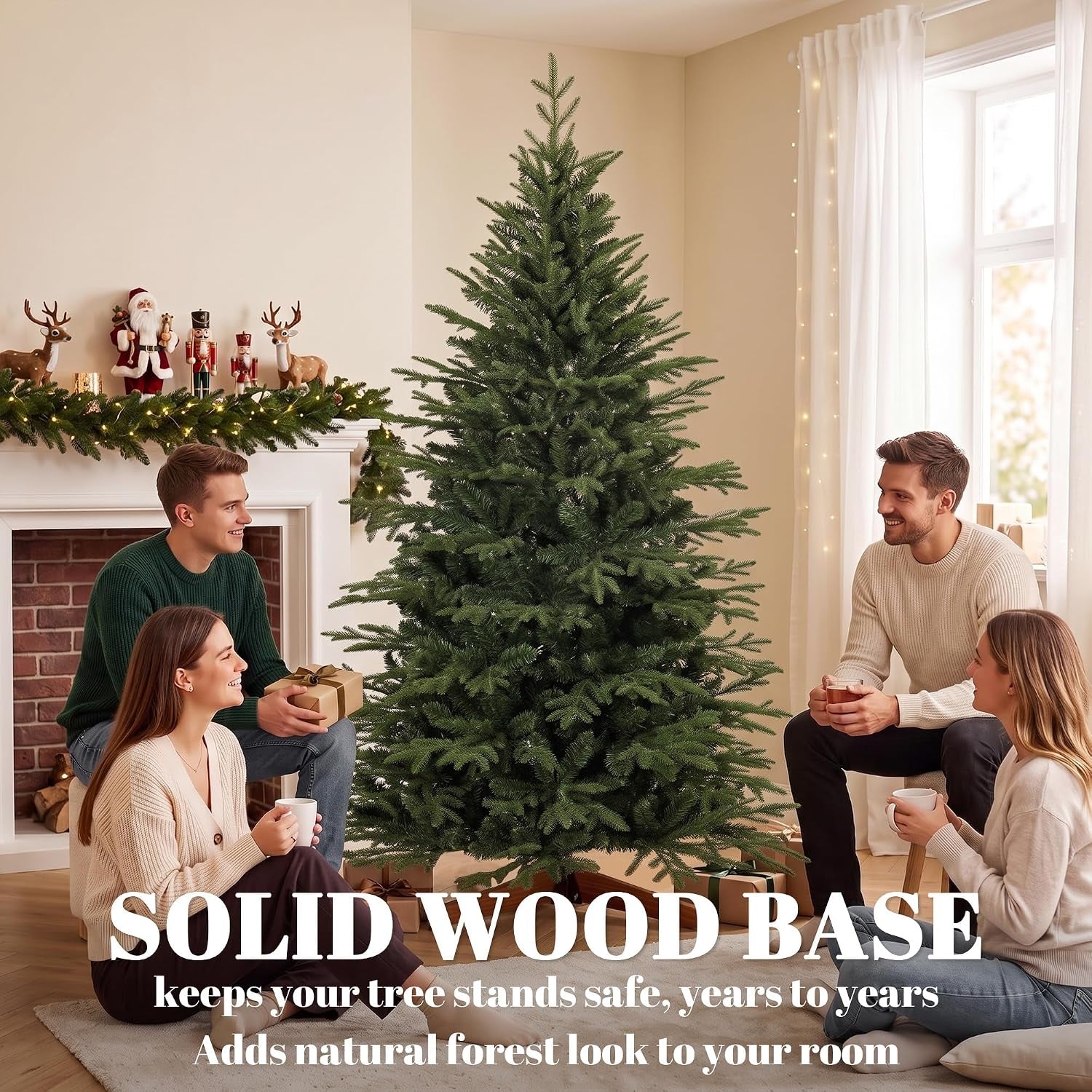 7Ft Artificial Christmas Tree Solid Pine Wood Stand, Green