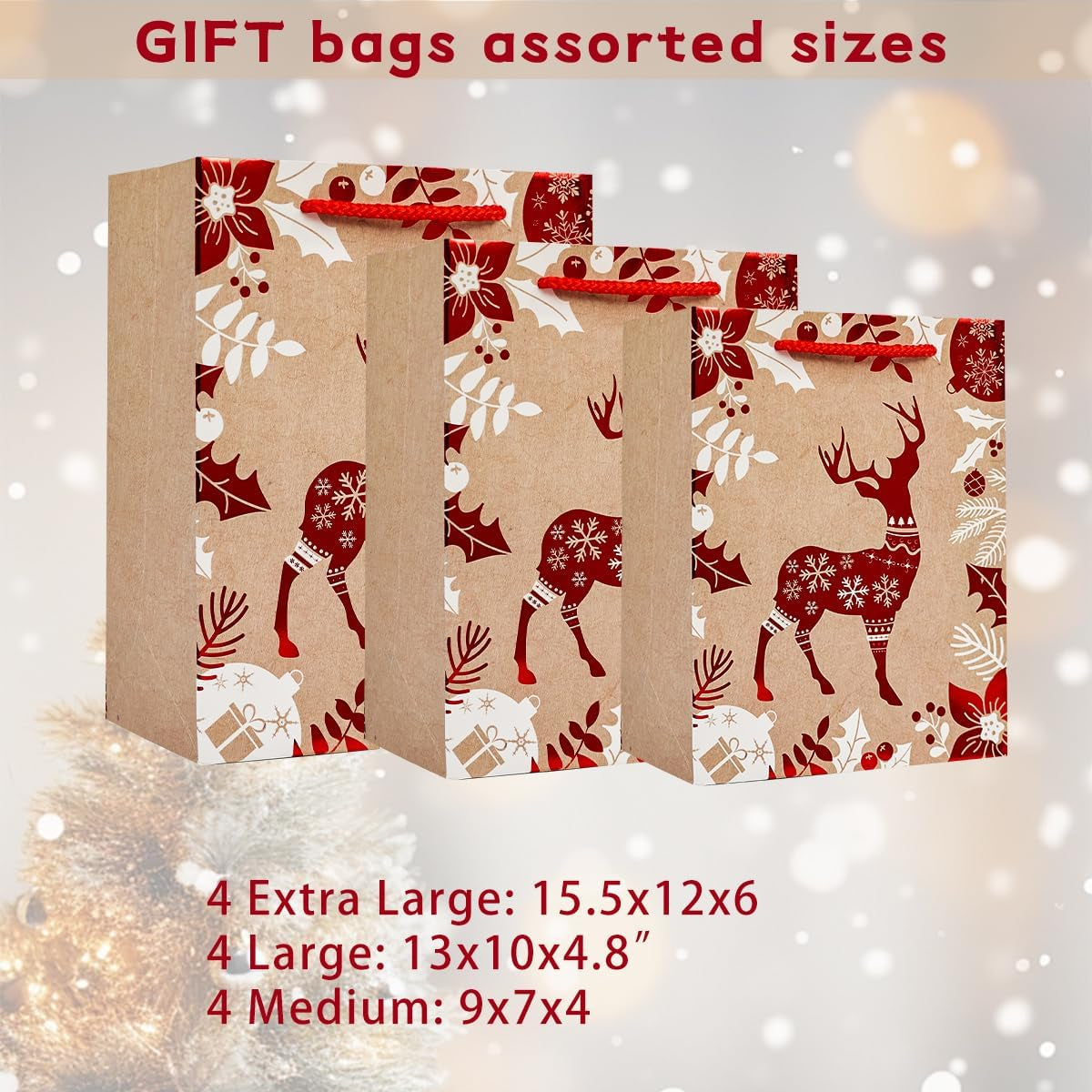 12Pack Christmas Gift Bags Sets,3 Assorted Sizes,4 Design