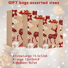12Pack Christmas Gift Bags Sets,3 Assorted Sizes,4 Design