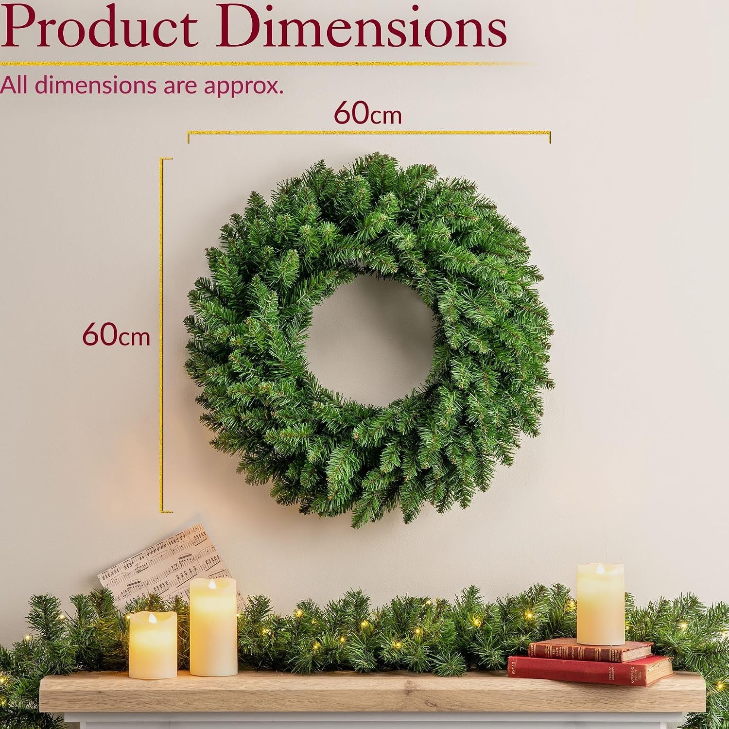 Plain Christmas Wreath for Front Door, Luxury Artificial Spruce Wreath, Home Xmas Decoration, Natural Looking Dual Tone PVC Needles, Easy Hanging, Wall Window Mantlepiece (60Cm / 200 Tips)