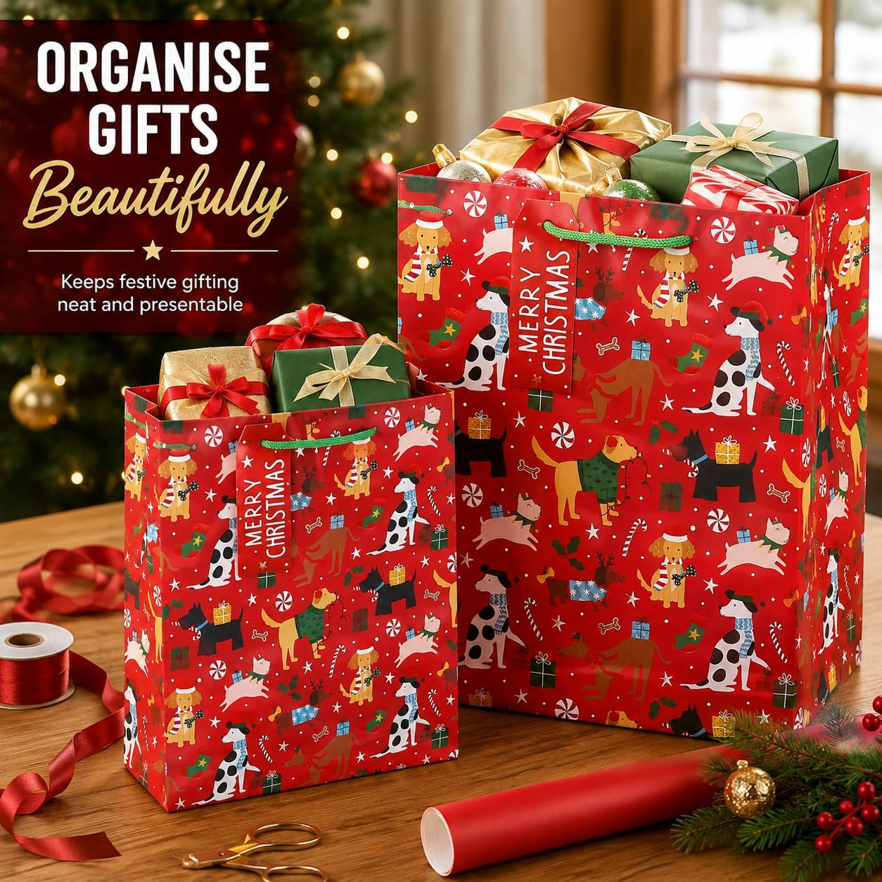 4 Pack of Christmas Dog Gift Bags with Handles, 2 Medium 26 X 15 X 33 Cm & 2 Small 21.5 X 10 X 25.3 Cm, Xmas Present Bags, Festive Gift Packaging for Family Friends Christmas Presents