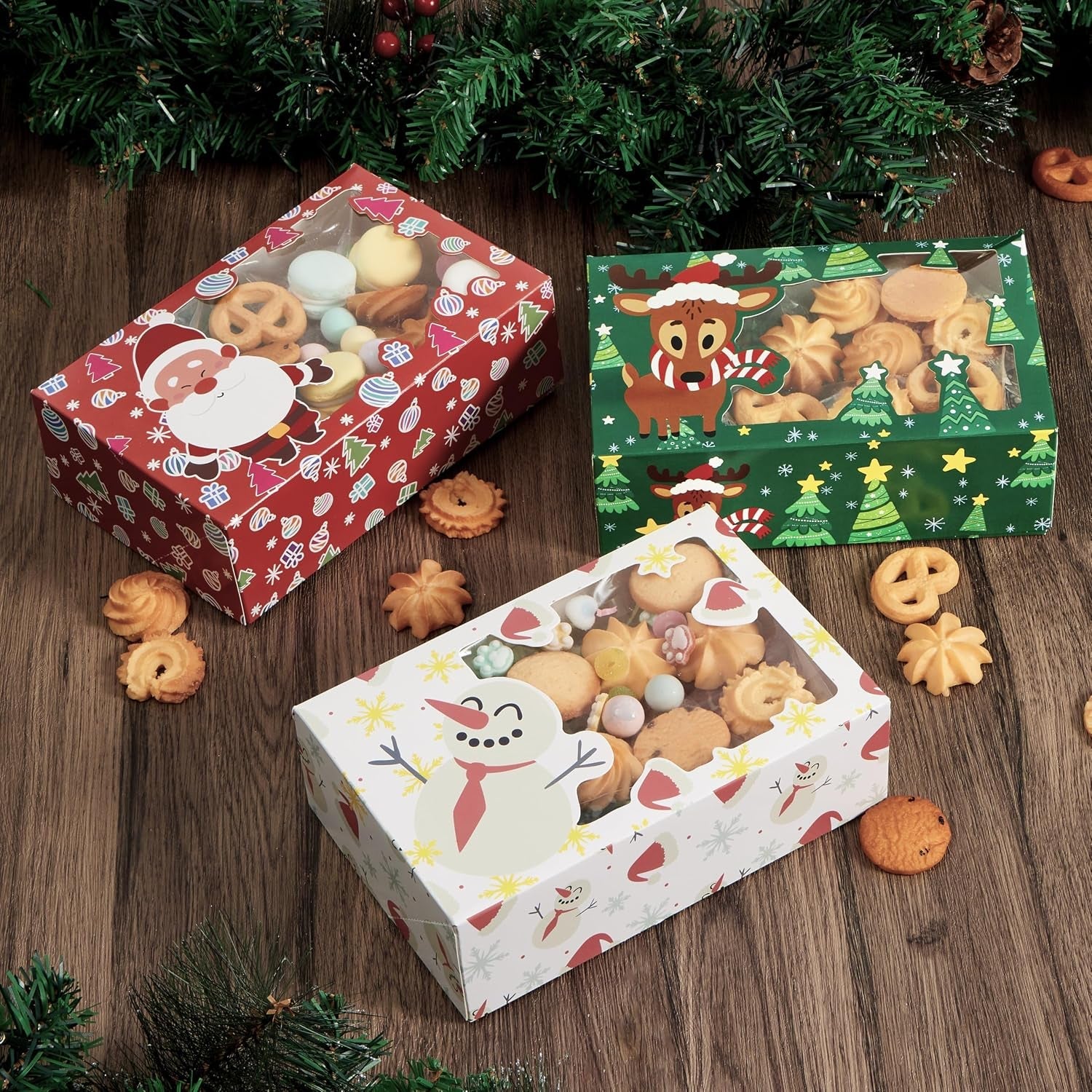 12 PCS Christmas Cookie Boxes for Gift Giving, 8.75" X 5.75" X 2.75" Bakery Treat Boxes Containers with Window for Xmas Holiday Birthday Party Pastries, Cupcakes, Brownies, Donuts, Baked Goods