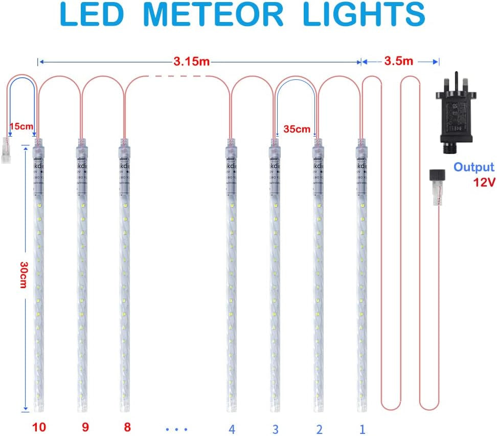 Christmas Lights Outdoor, Meteor Shower Lights 30Cm/12Inch 10 Spiral Tubes