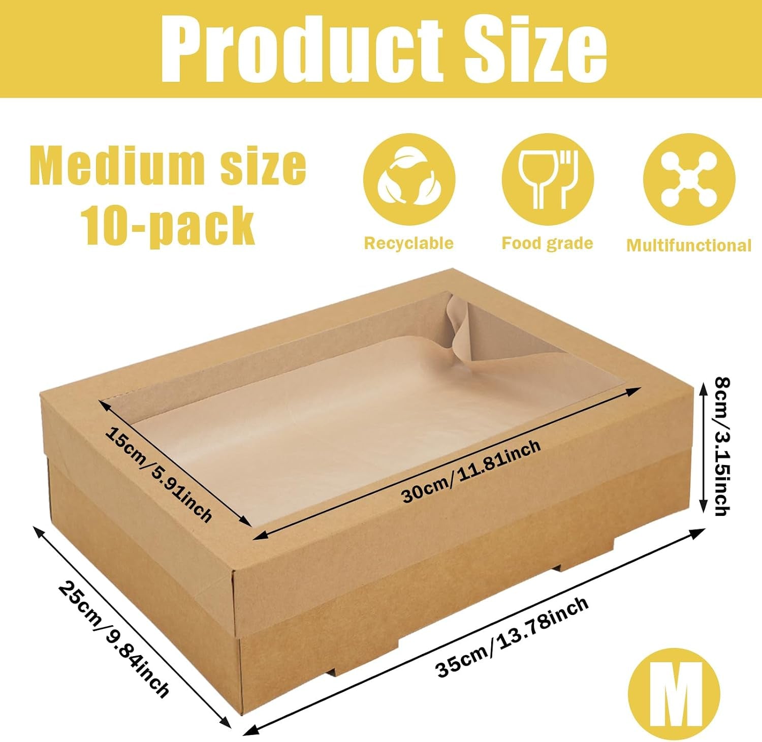 Cookie Boxes with Window 35 × 30 × 8 Cm, 10 Pack Corrugated Bakery Boxes
