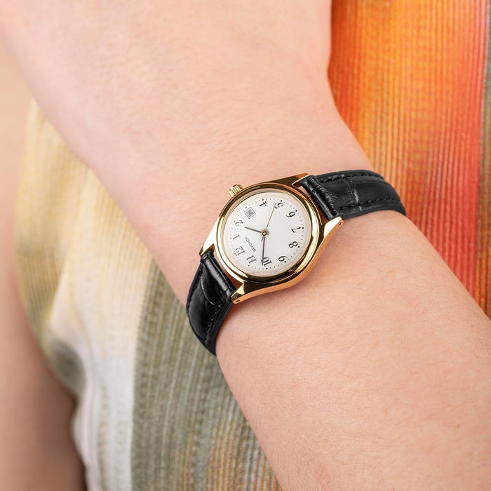 Womens 27Mm Robinson Analogue 3 Hand Classic Quartz Watch Gold Case with White Dial Date Window and Black Leather Strap 30M Water Resistant