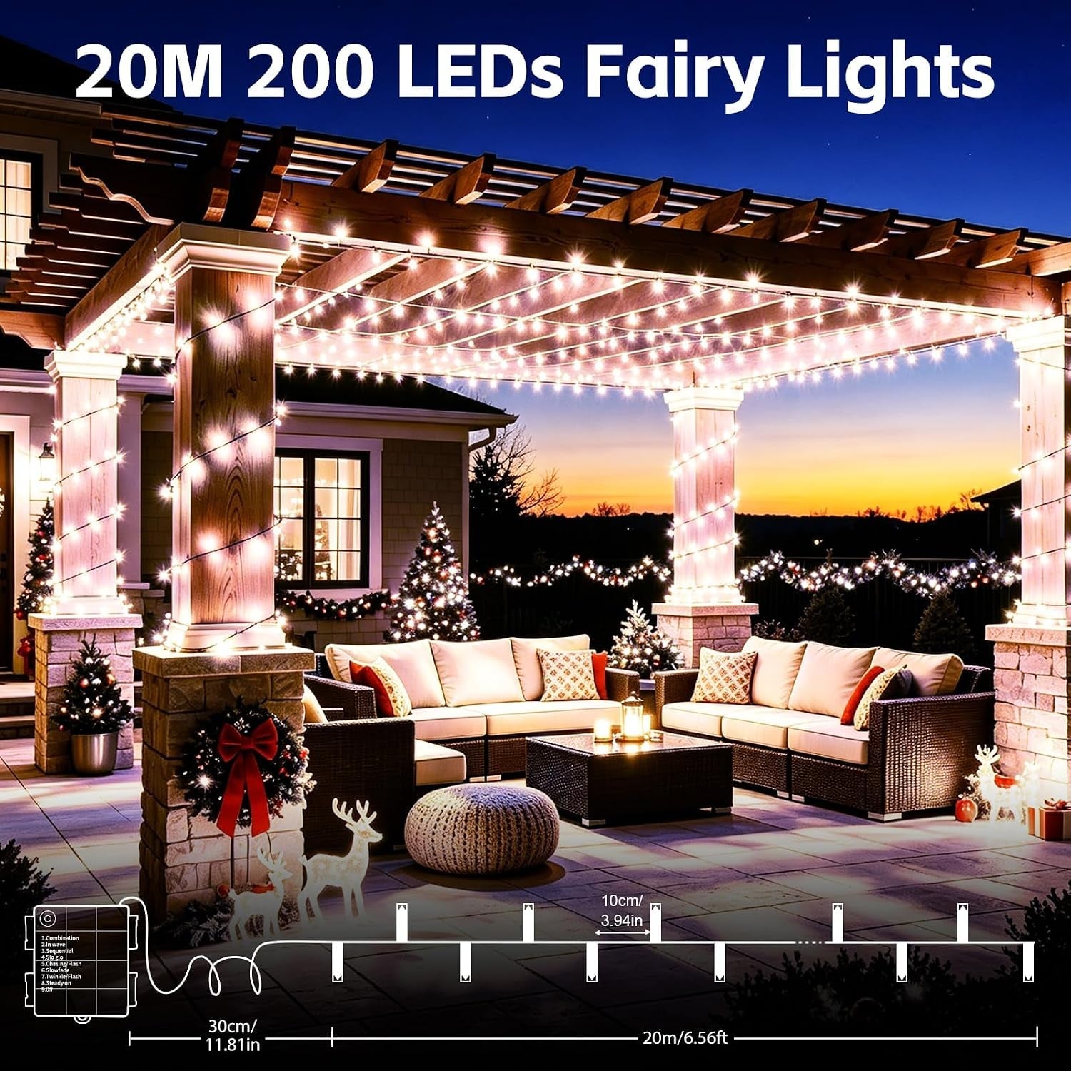 Battery Fairy Lights, 20M 200 Leds Cool White Christmas Lights
