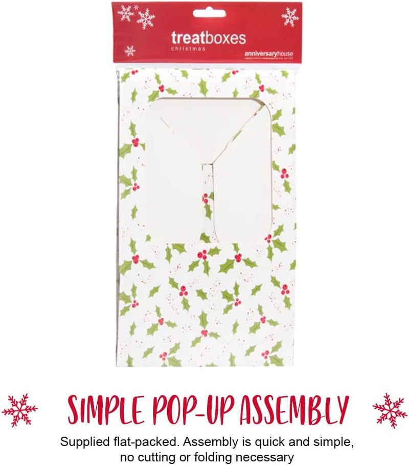Christmas Cake Boxes with Holly Print - Recyclable Paper Packaging Boxes for Festive Baking, Gifting, Cookies, Brownies & Small Treats - 3-Pack, 3.8 X 11.4 X 11.4Cm