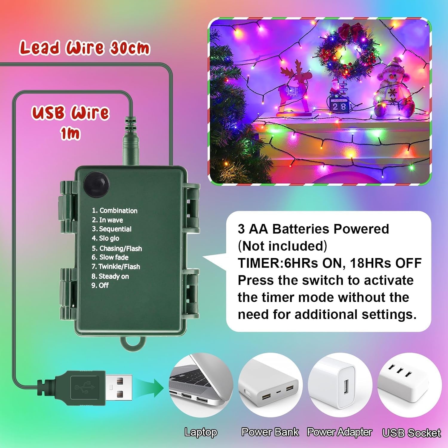 Fairy Lights 6M 60LED Fairy String Lights USB or Battery Operated with Timer, 8 Modes, Waterproof Green Wire Multicolour Christmas Lights for Indoor Outdoor Bedroom Wedding Birthday Wreath Xmas