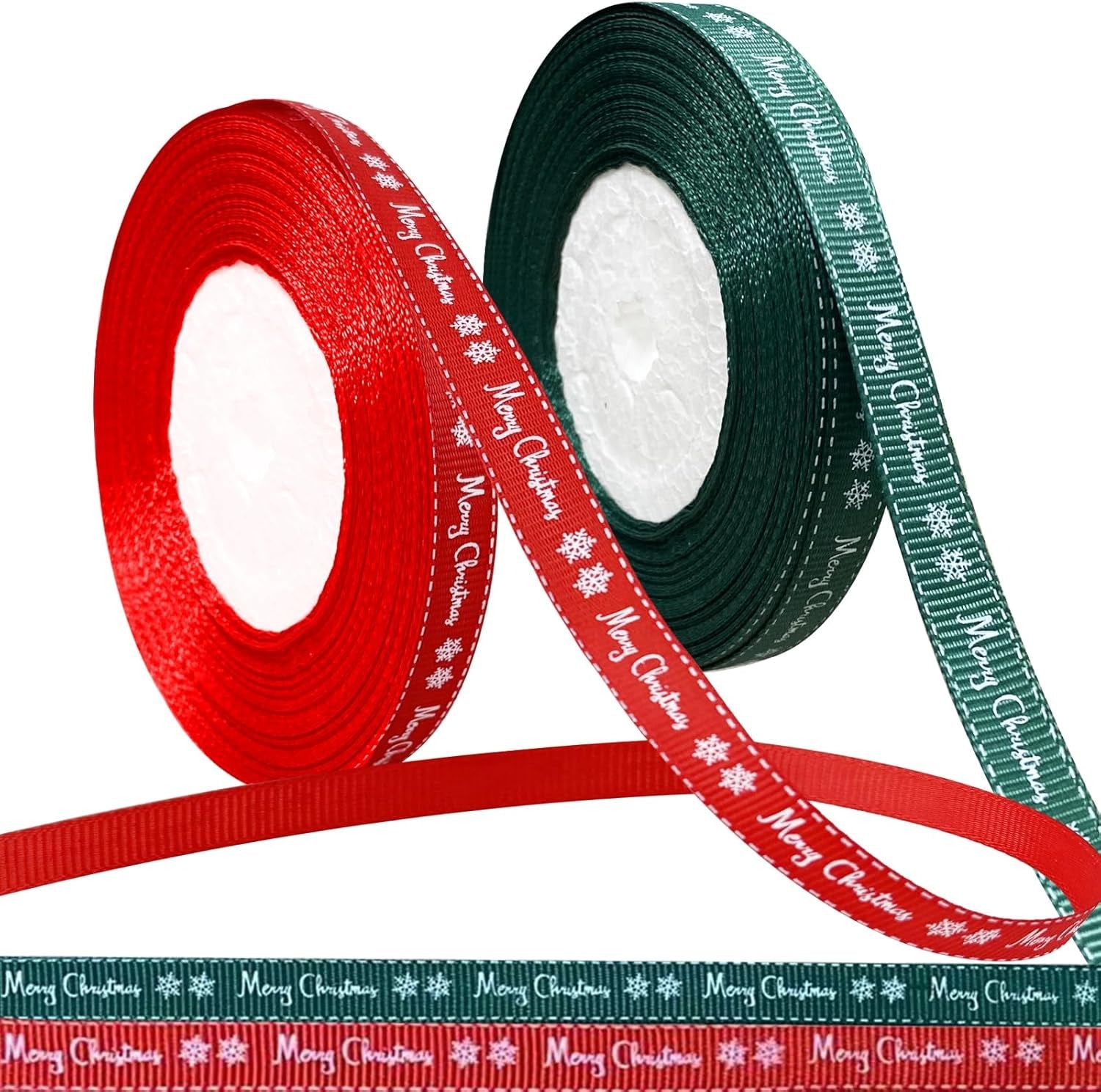 2 Rolls 43 Yard Merry Christmas Grosgrain Wrapping Rope with Snowflake Pattern for Christmas Favor Party DIY Crafts Package Decor (White Font)