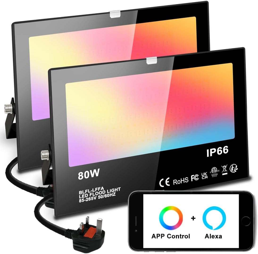 LED Floodlight Outdoor 800W, Smart RGB Flood Lights with APP Equivalent 8000LM, Colour Chaging - Warm White - Timing - Scene - IP66, UK 3-Plug, 2 Pack
