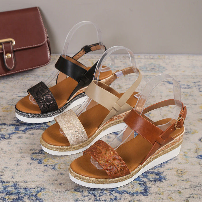 Spring And Summer New Wedge Round Toe Wide Strap Sandals For Women
