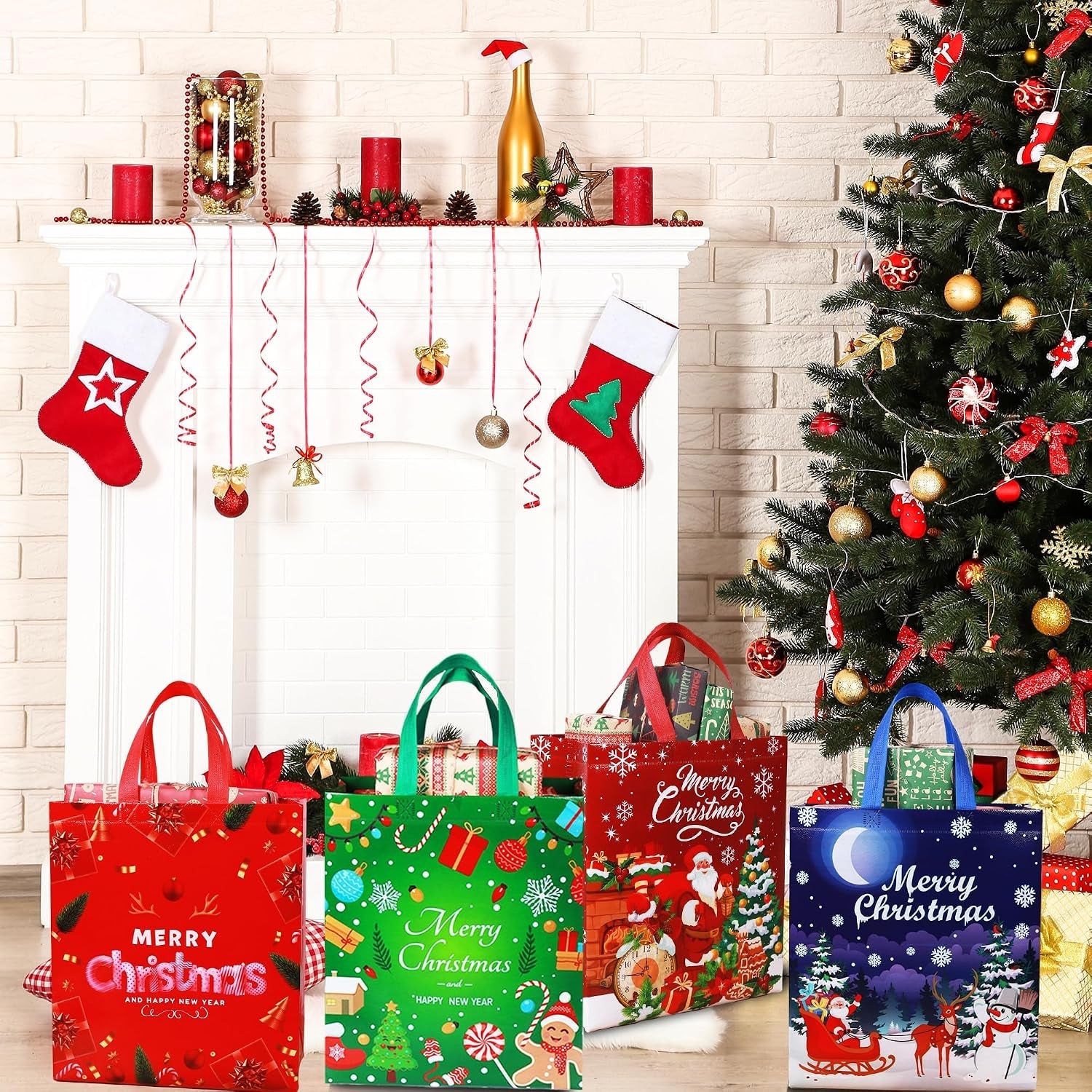 8PCS Large Christmas Tote Bags, Reusable Xmas Tote Bags Waterproof Christmas Presents Bags, Multifunctional Non-Woven Christ-Mas Bags for Xmas Gift Wrapping Shopping Party Supplies