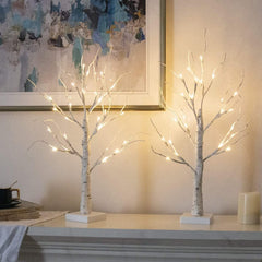 Set of 2- White Christmas Tree with Lights 2FT Tabletop Birch Tree with 24 Warm White Leds Battery Operated Light up Twig Tree for Home Party Wedding Easter Christmas Decoration