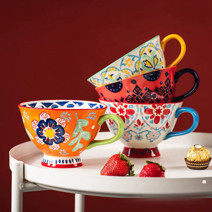 420Ml Ceramic Cup Cups Hand Painted Floral Pattern Retro Creative Coffee Mugs for Latte Water Restaurant Office Family Friend