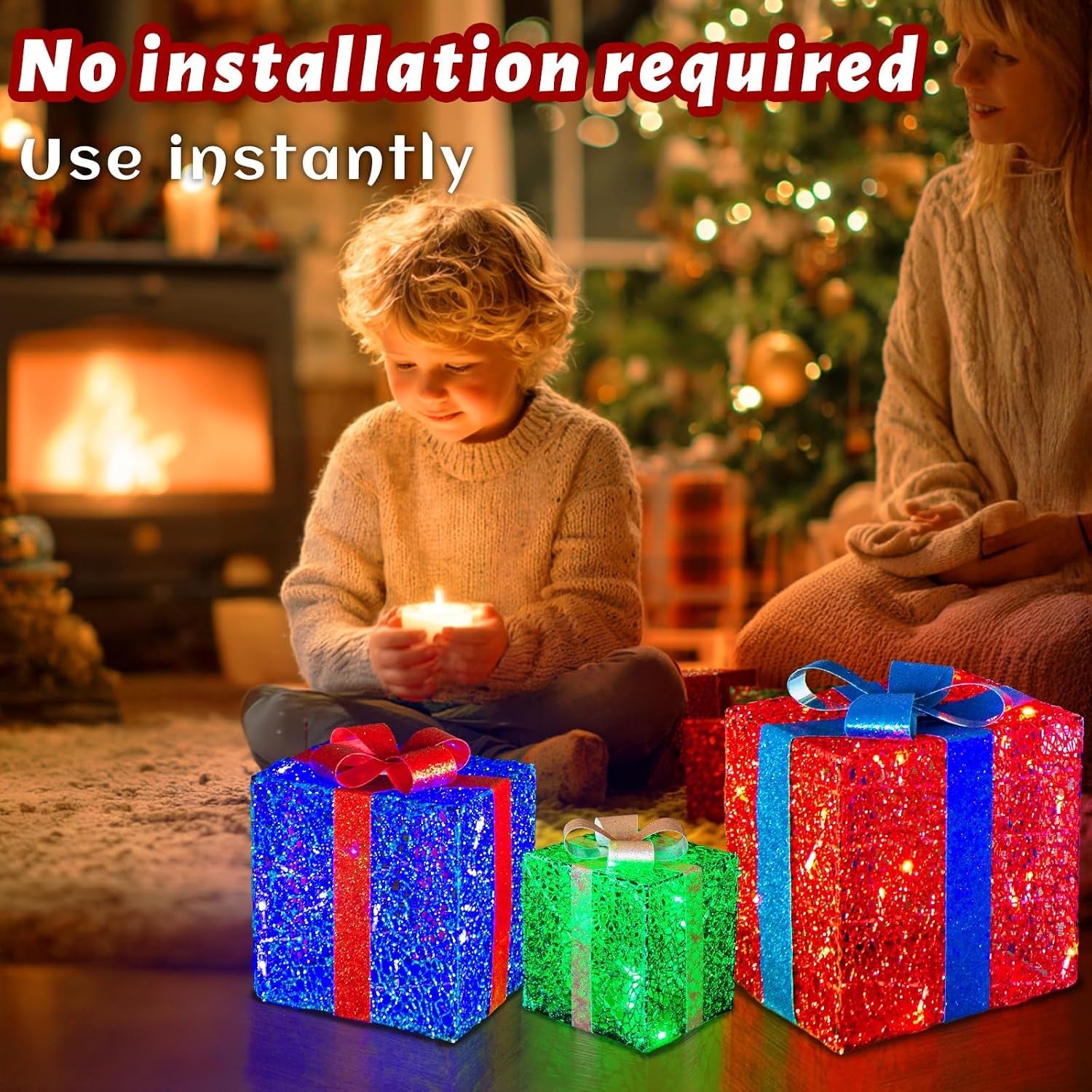 3PK Light up Boxes Multi-Colour LED Gift Box with Lights Plug in for Outdoor Christmas Decorations Gifts for Girls Kids Beloved