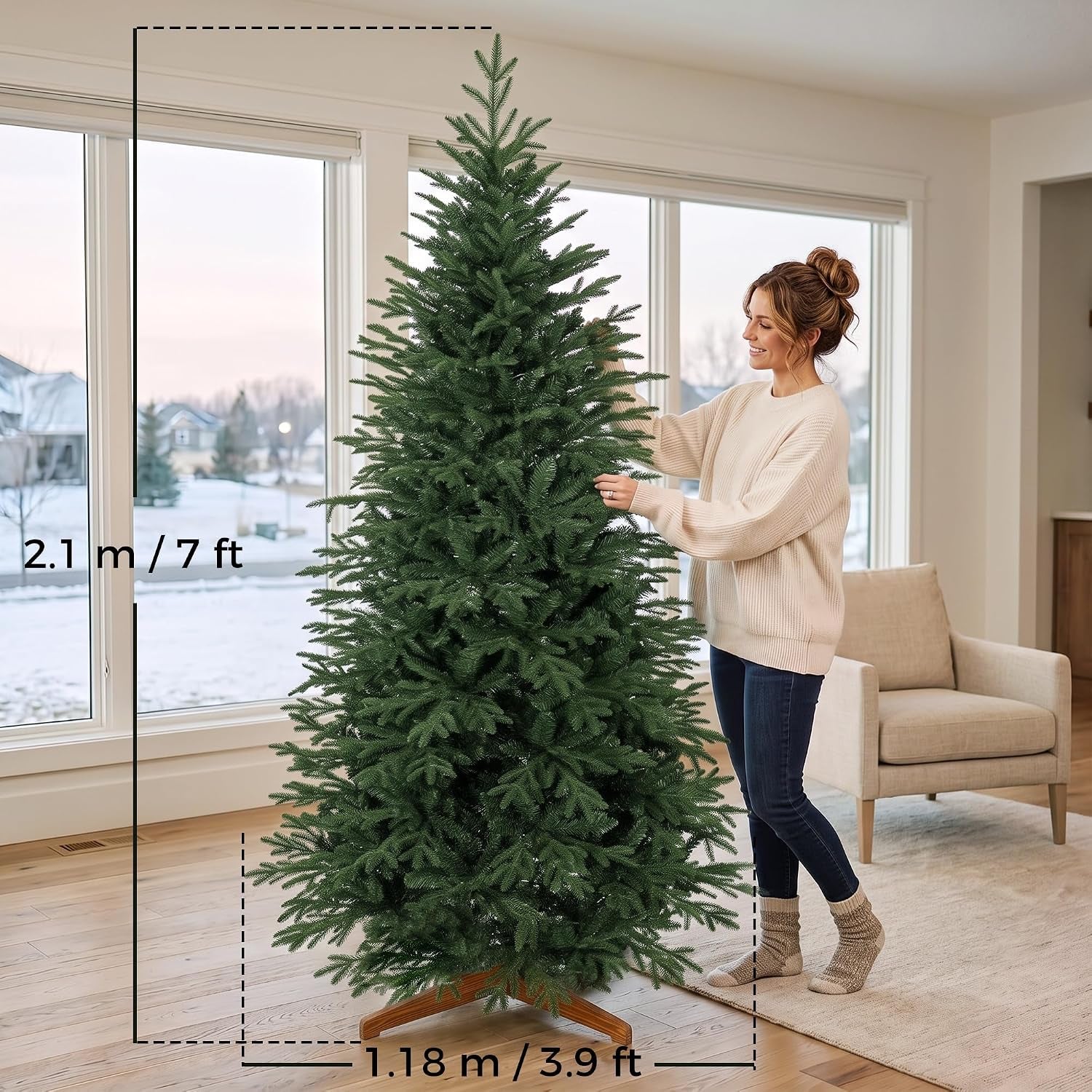 7Ft Artificial Christmas Tree Solid Pine Wood Stand, Green