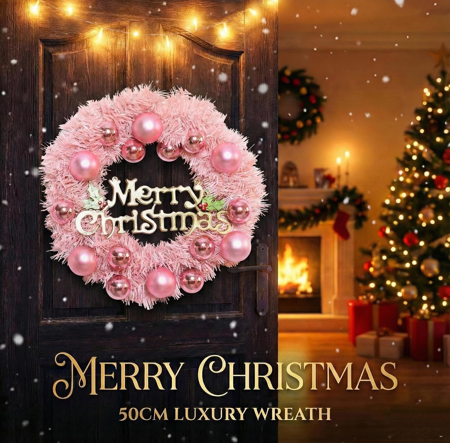 Traditional Christmas Wreath Pink Glamour - 50Cm /20" Large Artificial Floral Front Door Decoration - Festive Hanging Xmas Ornament Garland Style 2