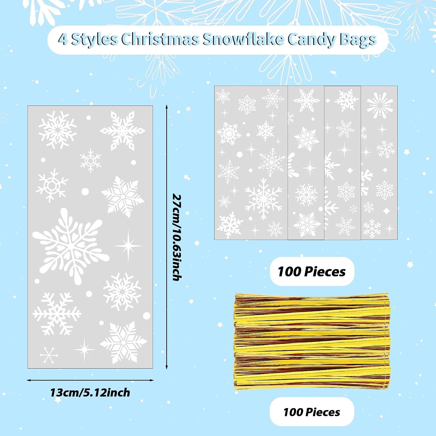 100 Pieces Christmas Snowflake Cellophane Bags, Xmas Snowflake Clear Candy Bags with Metallic Twist Ties for Winter Christmas Party Snowflakes Birthday Supplies