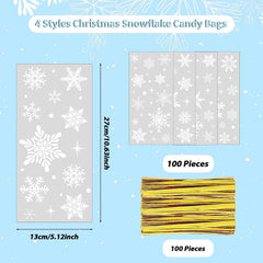 100 Pieces Christmas Snowflake Cellophane Bags, Xmas Snowflake Clear Candy Bags with Metallic Twist Ties for Winter Christmas Party Snowflakes Birthday Supplies
