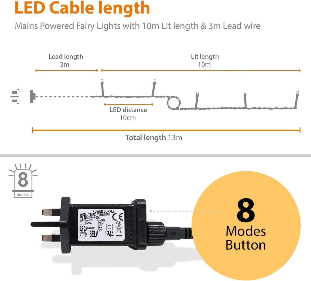Christmas Lights 100 LED 10M, Warm White, Mains Powered Clear Cable